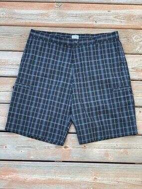 Adidas Cargo Shorts Mens 36 Black Blue Plaid Flat Front Lightweight Stretch